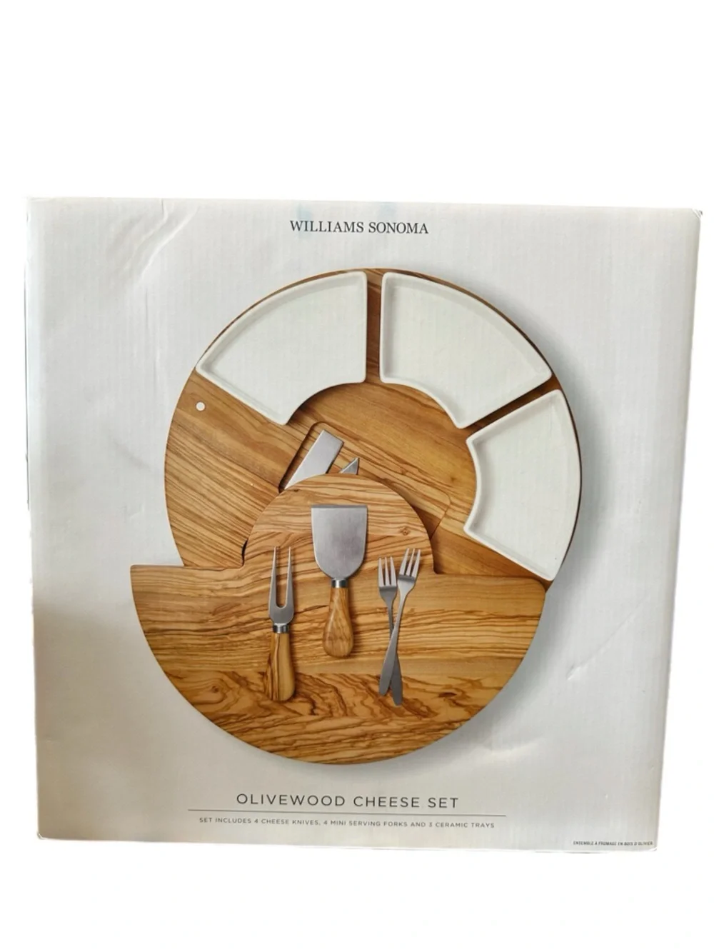 Williams Sonoma Olivewood Cheese Board with White Ceramic Dishes